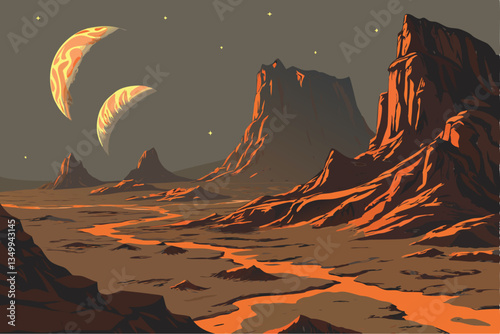 71 Alien landscape, rocky terrain, jagged cliffs, twin moons in sky, glowing embers, volcanic activity, barren planet, science fiction scene, dramatic lighting, distant planets, starry night, otherwor