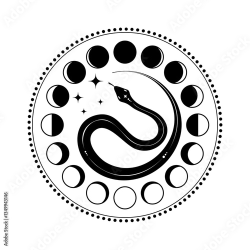 Moon phases astronomy and Mystical snake, lunar cycle, full moon, waning, waxing, first quarter, gibbous, crescent, third quarter. Boho style, vector Illustration on white background