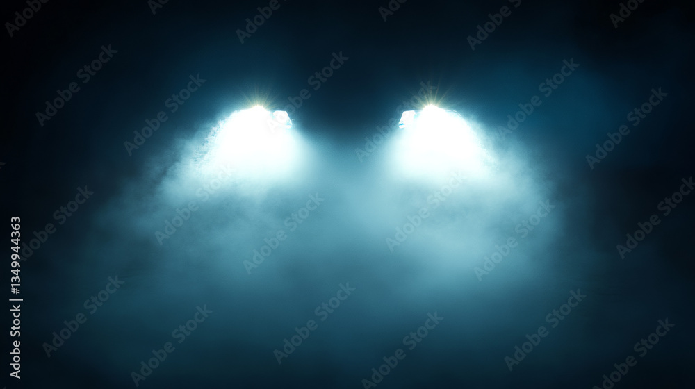 Fototapeta premium Realistic night car light flare in smoke fog vector effect isolated transparent background. Front view vehicle headlight lamp beam glow. 3d spooky dark headlamp lense flare spotlight, sport race auto