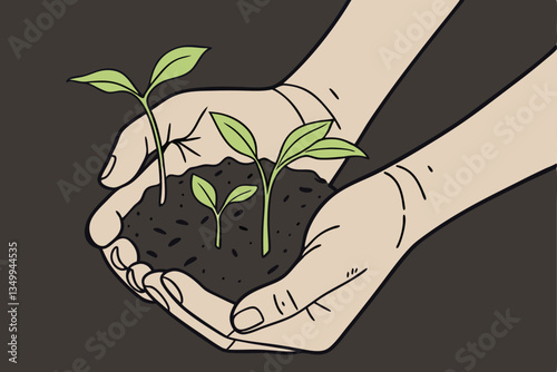 72 Hands holding soil with green sprouts, macro photography, shallow depth of field, earthy tones, dark background, gardening, nurturing new life, sustainability, organic farming, close-up detail, sof
