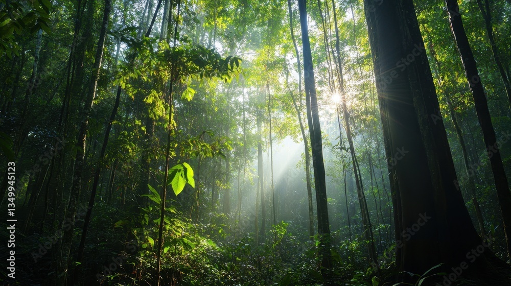 Fototapeta premium Sunlit Serenity: Capturing the dappled light filtering through a lush, verdant forest canopy, creating a sense of tranquility and wonder.