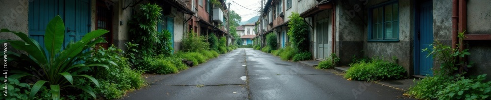 Muted urban landscape with worn pavement and overgrown vegetation, grey concrete, urban blight, grunge texture Muted urban landscape with worn pavement and overgrown vegetation, grey concrete, urban blight, grunge texture