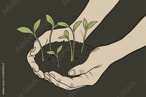 72 Hands holding soil with green sprouts, macro photography, shallow depth of field, earthy tones, dark background, gardening, nurturing new life, sustainability, organic farming, close-up detail, sof