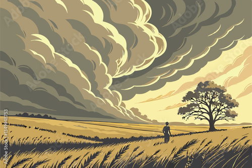 74 Massive storm cloud, apocalyptic sky, rolling mammatus clouds, golden wheat field, lone figure silhouette, distant solitary tree, dramatic lighting, ominous atmosphere, wide open landscape, cinemat