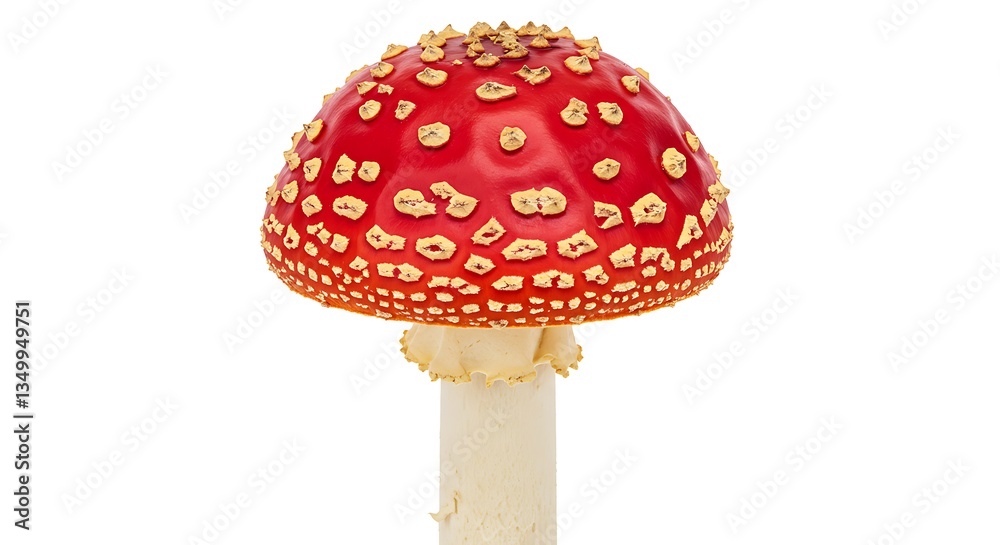 Obraz premium A bright red mushroom with white spots, known as the fly agaric, isolated on a white background.
