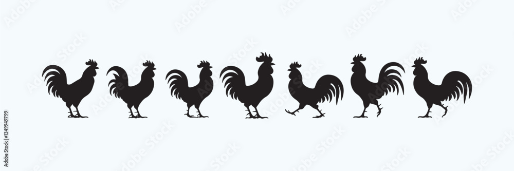 Fototapeta premium Minimalist Rooster Silhouette Vector Set – Black Rooster Clipart for Logos & Design