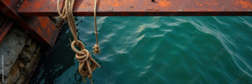 Fototapeta premium Overloaded rope hanging from a rusty metal beam with cracks and tears, snapped, breaking point, cracked