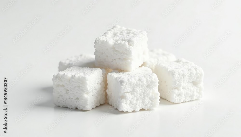 Lumps of refined white sugar against white backdrop, dessert, sweet Lumps of refined white sugar against white backdrop, dessert, sweet