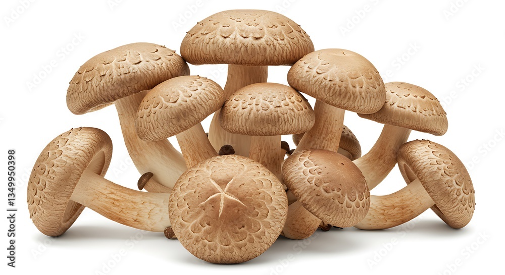 A cluster of shiitake mushrooms with light brown caps and thick stems on a white surface. A cluster of shiitake mushrooms with light brown caps and thick stems on a white surface.