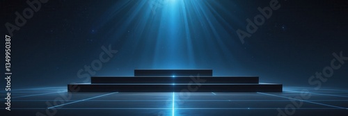 Abstract Blue Lit Stage With Cosmic Rays, Minimalist Platform for Product Display