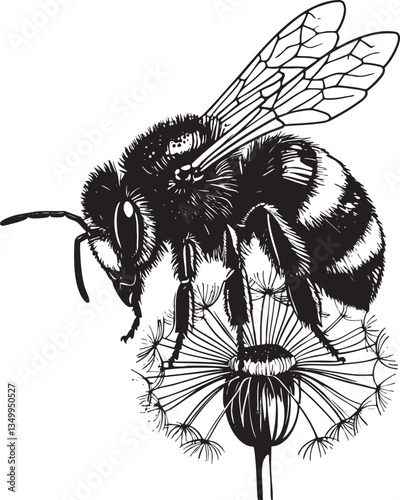Black Bumblebee on Dandelion SVG Vector Outline