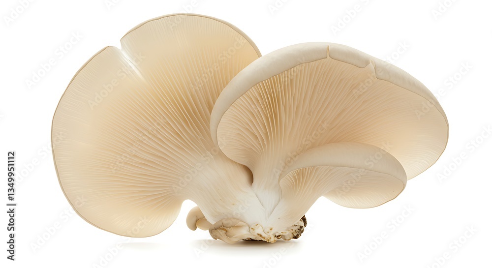 A soft, fan-shaped oyster mushroom with a delicate texture, displayed on a white background. A soft, fan-shaped oyster mushroom with a delicate texture, displayed on a white background.