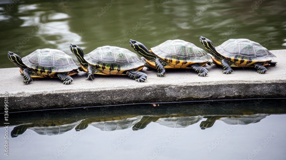 Obraz premium Four turtles basking on a concrete edge of a pond