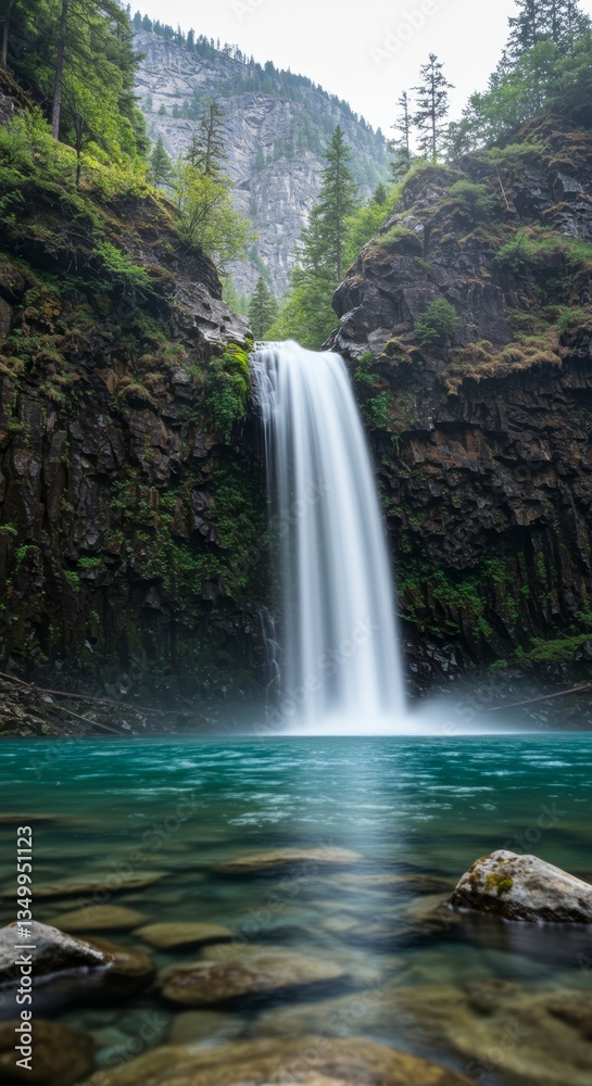 Fototapeta premium Mesmerizing waterfall cascading into turquoise pool surrounded by lush forest