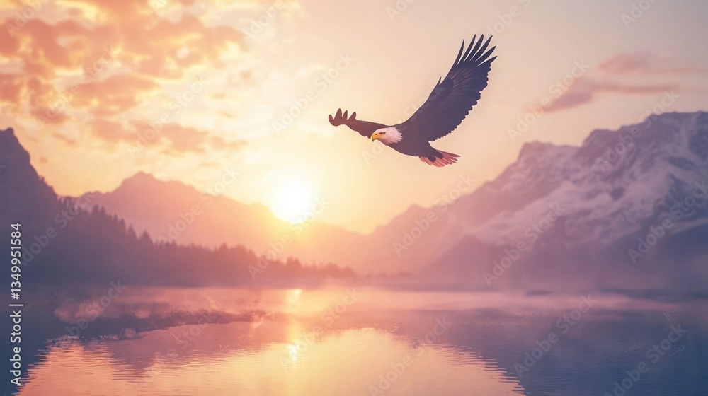 Fototapeta premium Majestic Eagle Soaring at Sunset over Serene Mountain Lake