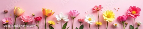 Pastel colors of spring flowers arranged in a decorative composition on a light-colored background, botanical illustrations, pastel colors