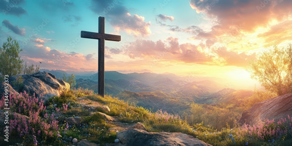 Obraz premium Sunset view of a wooden cross overlooking a tranquil valley with vibrant wildflowers and mountains in the background
