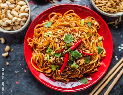 Spicy Szechuan Noodles with Peanuts and Chilies Captured Top-Down on Red Plate in Vibrant Asian Night Market