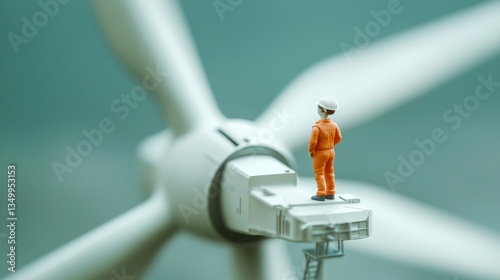 Miniature Worker on Wind Turbine: Sustainable Energy Concept