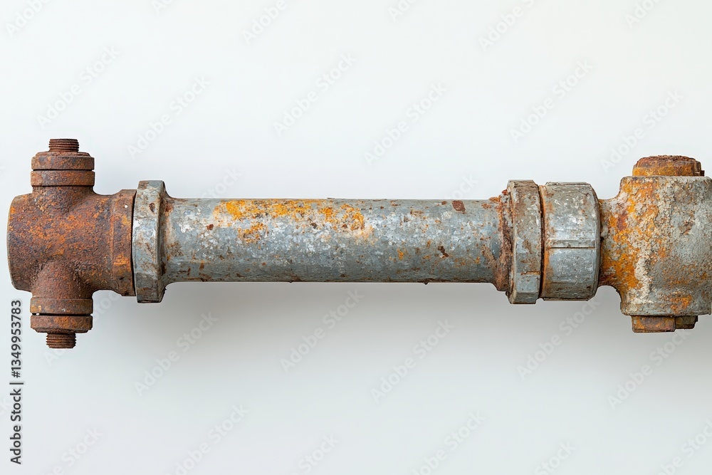 A Rusted Section Of Old Pipe With Various Fittings On Display A Rusted Section Of Old Pipe With Various Fittings On Display