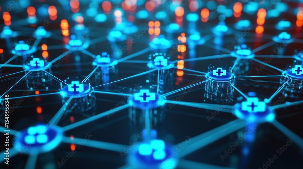 Abstract blue medical network with crosses, interconnected nodes on a dark surface Abstract blue medical network with crosses, interconnected nodes on a dark surface
