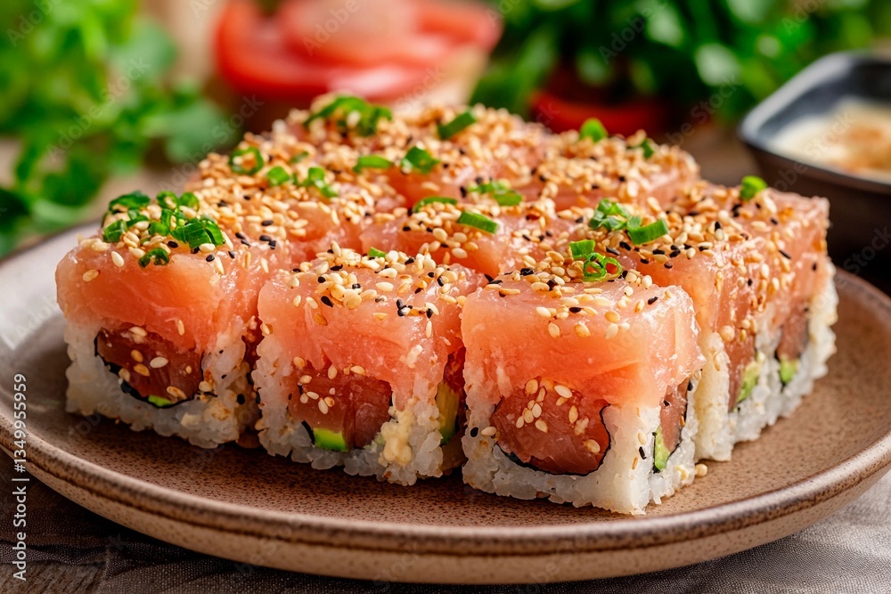 Sushi rolls topped with fresh fish and garnished with sesame seeds and green onions are artfully arranged on a plate. A vibrant restaurant atmosphere enhances the presentation Sushi rolls topped with fresh fish and garnished with sesame seeds and green onions are artfully arranged on a plate. A vibrant restaurant atmosphere enhances the presentation