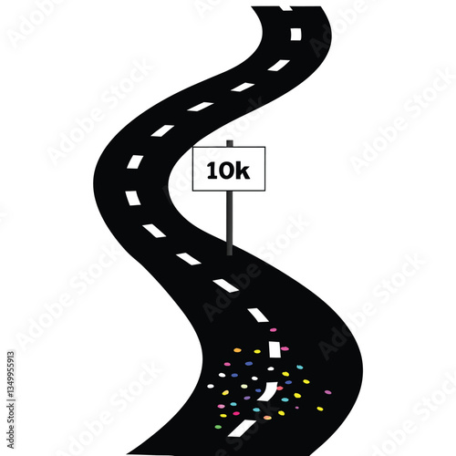 Creative journey representation with a winding road, 10k milestone sign, and colorful confetti celebrating progress views followers subscribers