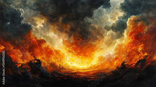 A catastrophic biblical moment, the land collapsing beneath the feet of Korah’s followers, their bodies twisting in desperation as they are consumed by the abyss, fire and molten lava glowing beneath,