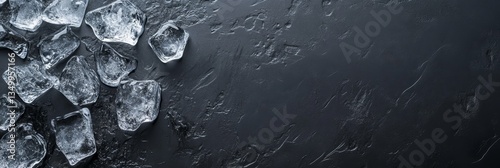 Ice Cubes on Dark Background - Close-up of scattered ice cubes on a dark gray textured surface. Perfect for drink or beverage related designs