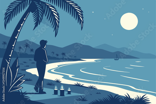 77 Tranquil beach at twilight, lone figure silhouette, moonlight reflection on water, scattered candles on sandy shore, moody blue atmosphere, distant mountains, serene coastline, peaceful evening sce