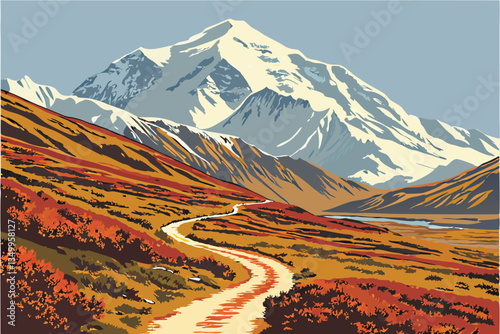 78 Majestic snow-capped mountain peak, winding dirt path through autumn tundra, dramatic landscape, rugged terrain, vibrant fall colors, clear blue sky, pristine wilderness, Alaska scenery, Denali Nat