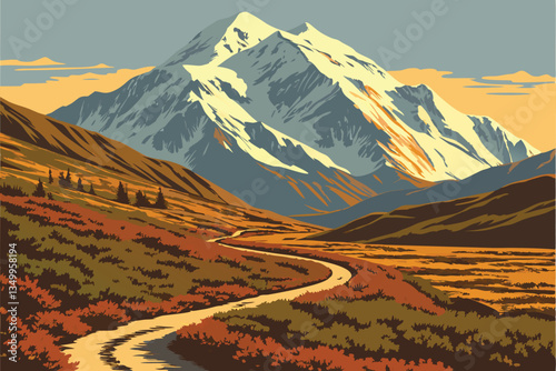 78 Majestic snow-capped mountain peak, winding dirt path through autumn tundra, dramatic landscape, rugged terrain, vibrant fall colors, clear blue sky, pristine wilderness, Alaska scenery, Denali Nat