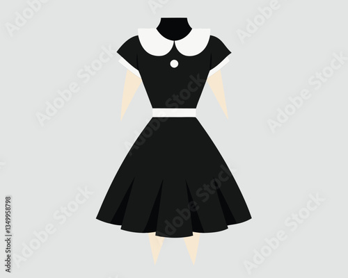 Black Dress with White Collar. Retro Fashion Illustration