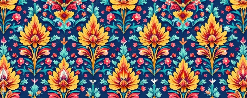 Fototapeta premium Seamless Damask Pattern Featuring Floral Accents and Intricate Details, Home Decor, Florals