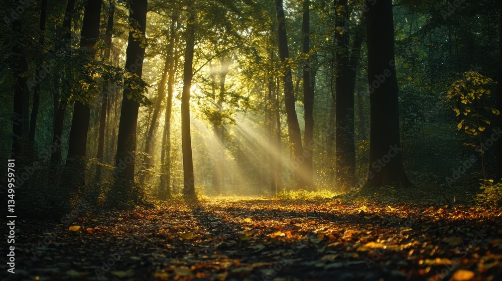 Fototapeta premium Sunlit Forest Path: A mystical forest scene with sunbeams streaming through towering trees, illuminating a path and creating a magical ambiance.
