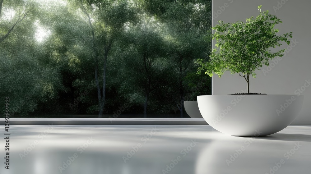 Modern minimalist interior with a tranquil forest view. A serene space featuring a large window showcasing a lush forest, bathed in soft morning light. Modern minimalist interior with a tranquil forest view. A serene space featuring a large window showcasing a lush forest, bathed in soft morning light.