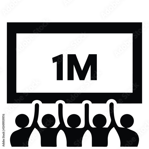 Vibrant celebration with a 1M milestone on a giant screen, enthusiastic crowd applauding, views followers subscribers