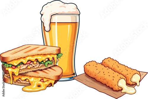 Grilled cheese sandwich, mozzarella sticks and beer creating perfect pub combination