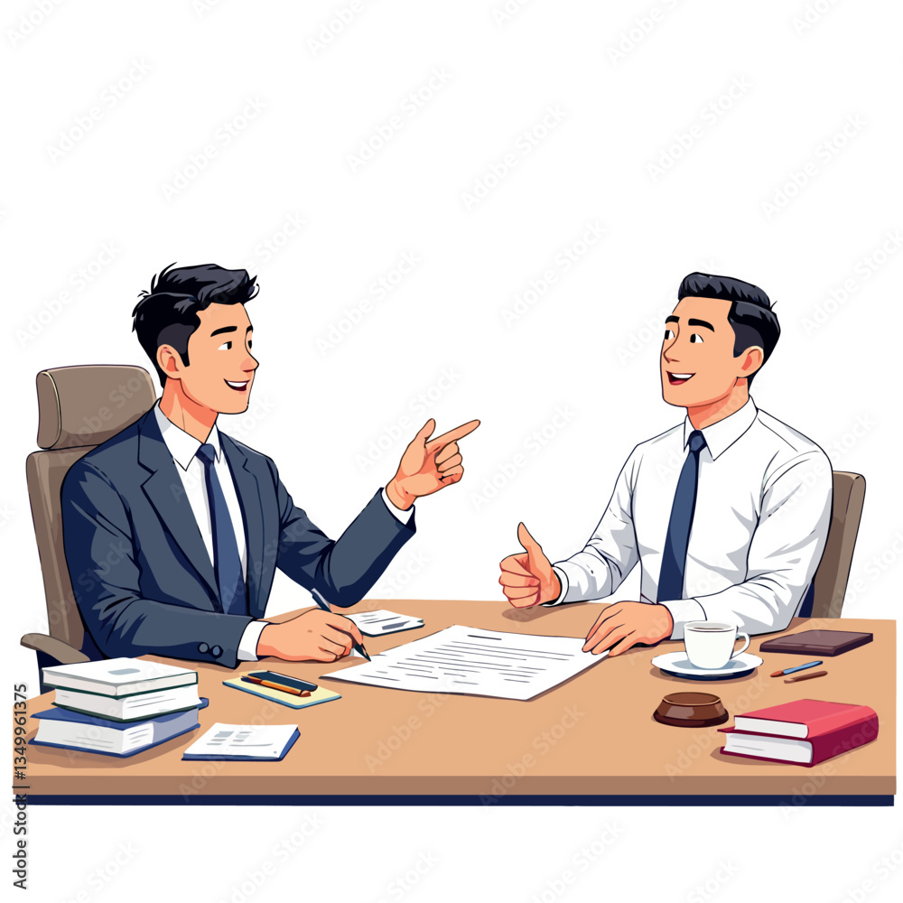 Businessmen discussing contract terms and conditions at desk Businessmen discussing contract terms and conditions at desk