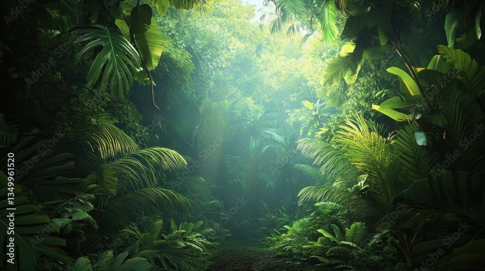 Fototapeta premium Lush Jungle Canopy: Sunlit view of a thriving tropical jungle, showcasing vibrant green foliage, creating a sense of depth and mystery.