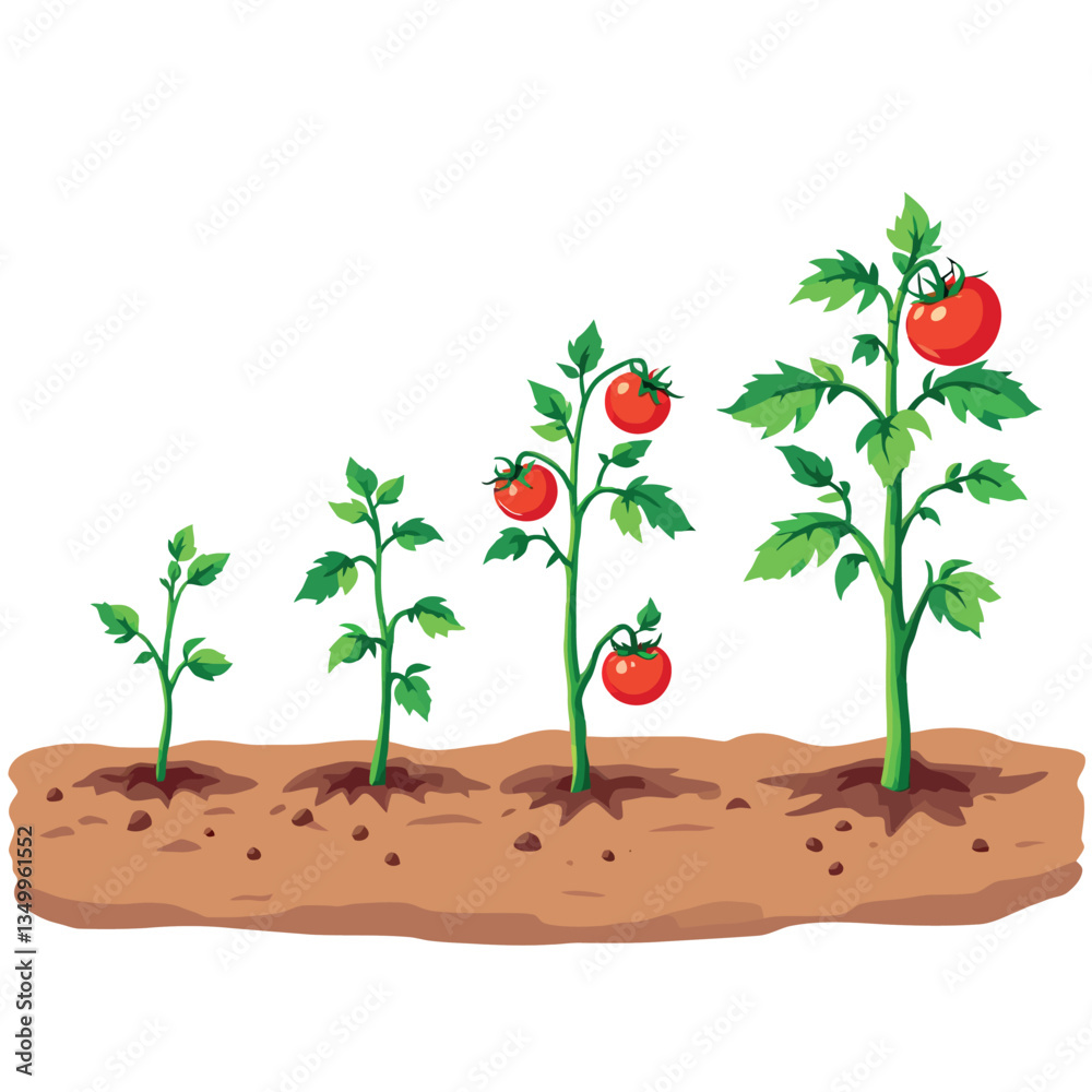 Fototapeta premium Tomato plant growing stages from seed to mature plant