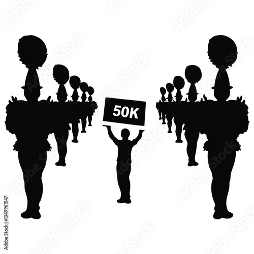 Vibrant street parade celebrating 50K achievement, colorful decorations and balloons, festive energy, views followers subscribers