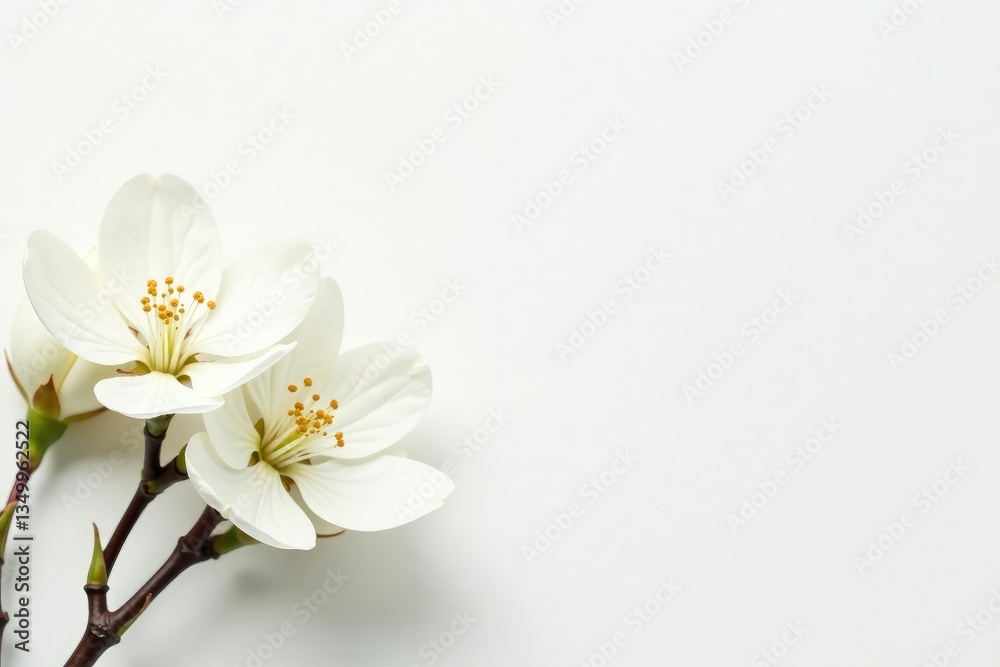 Delicate white blossoms against pure white background, natural, flora Delicate white blossoms against pure white background, natural, flora