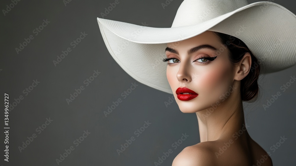 Portrait of a beautiful woman with red lips wearing a large white hat.