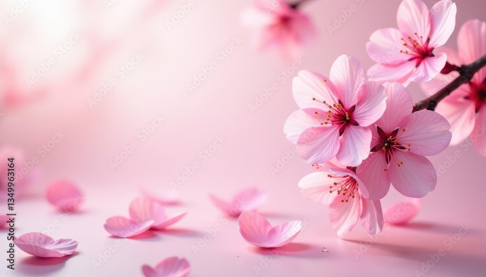 Delicate pink sakura blossoms, scattered petals, soft pastel background, design, blossom Delicate pink sakura blossoms, scattered petals, soft pastel background, design, blossom