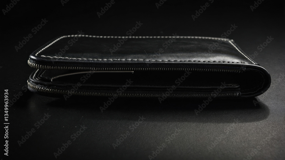 Elegant black leather wallet resting on dark surface Elegant black leather wallet resting on dark surface