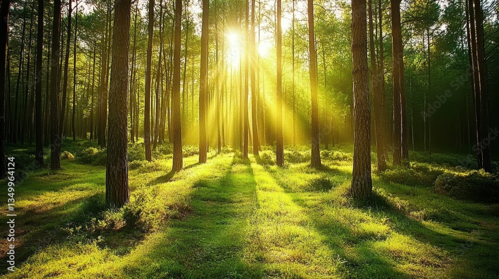 Sun-kissed Forest: A luminous display of sunlight streams through a dense forest, painting the scene with vibrant hues, creating a serene and captivating ambiance. Sun-kissed Forest: A luminous display of sunlight streams through a dense forest, painting the scene with vibrant hues, creating a serene and captivating ambiance.