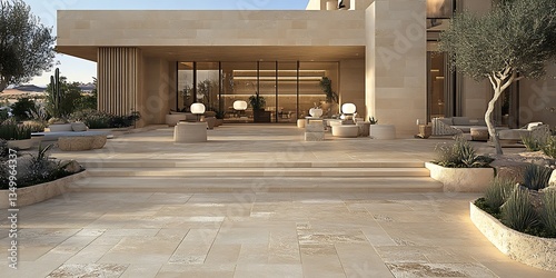 Sophisticated travertine terrace with modern desert architecture in sunlight