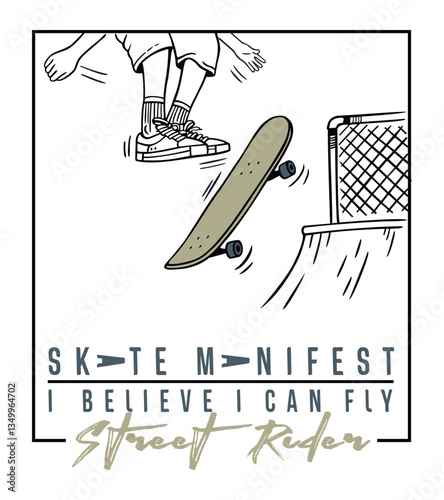 Illustration in simple lines of a skateboarder doing a trick on a ramp. Art for printing on t-shirts, decoration, etc.