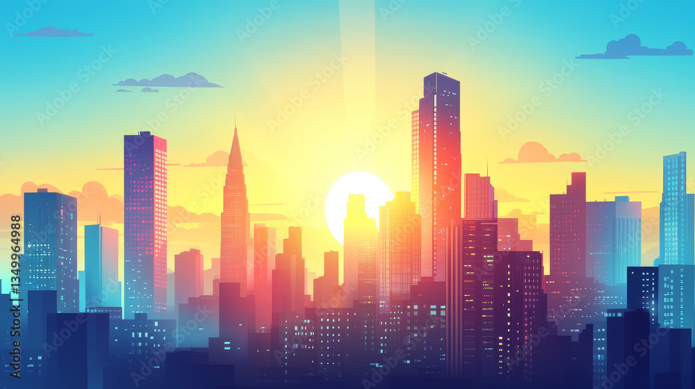 Naklejka premium Pink sunset sky with cartoon cityscape vector background. Skyscraper street landscape with sun light ray view. Urban downtown district panorama backdrop. Business construction exterior game scape